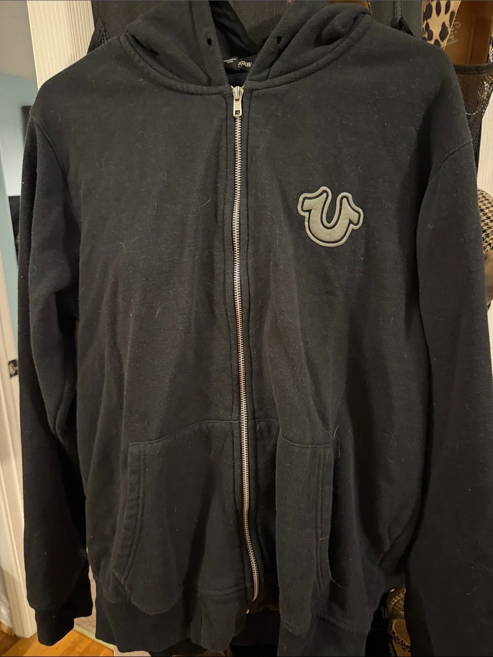 True Religion Men’s Black Zip Up Hoodie with White Logo Print